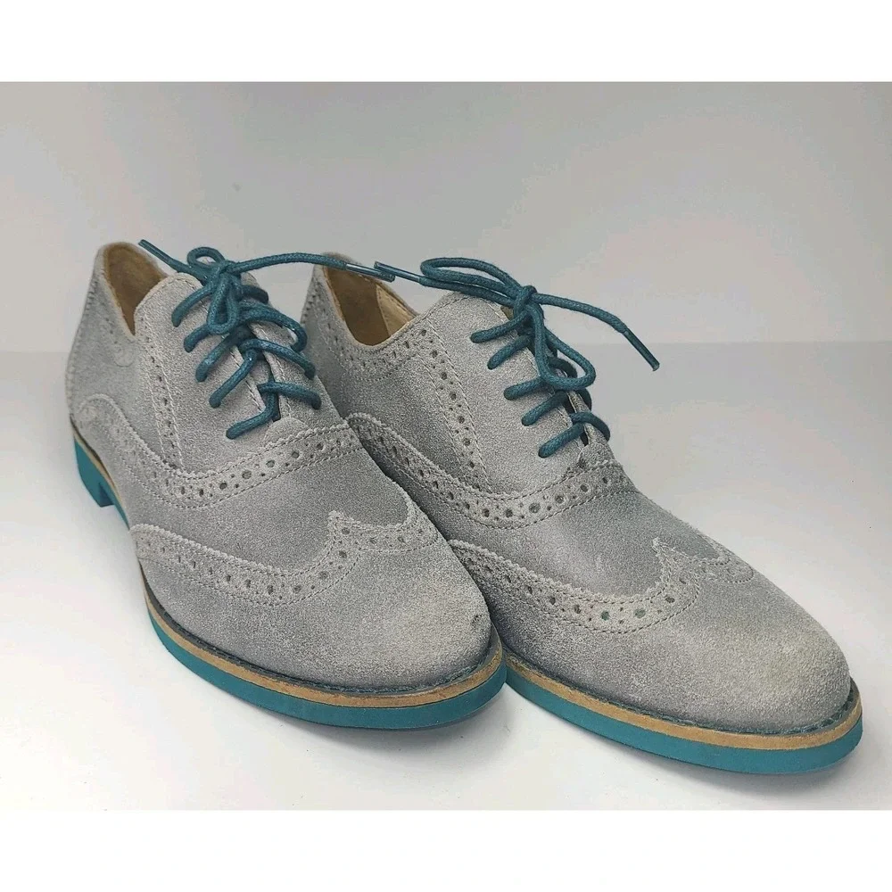 Cole Haan Wingtip Oxford Shoes Women 5B Gray Suede Teal Sole Brogue EUC